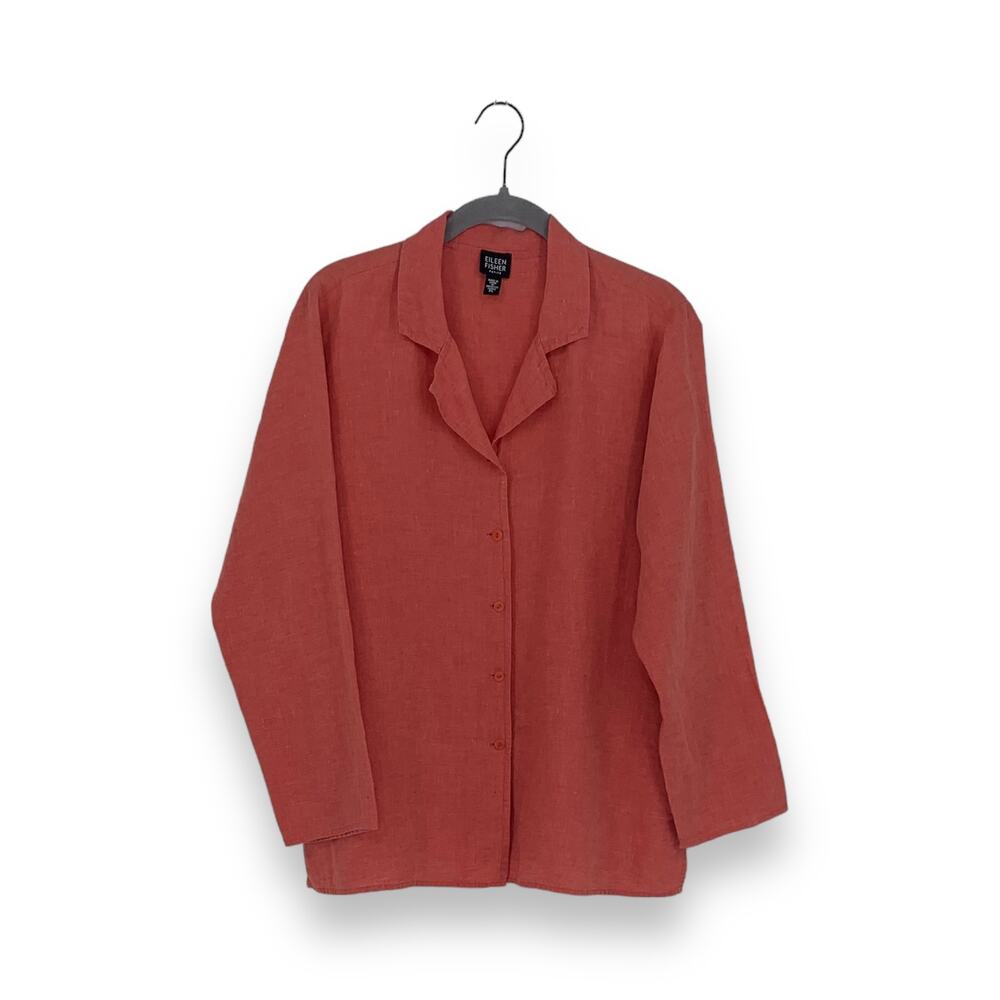 Eileen Fisher Petite Coral Orange 100% Linen Lightweight Jacket Blouse TINY FLAW